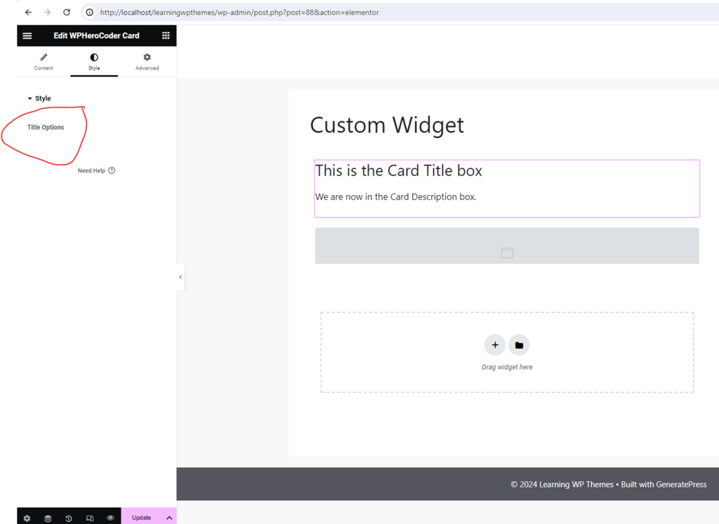 card style title options widget in elementor